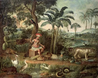 Indien natif dans un paysage avec des animaux
